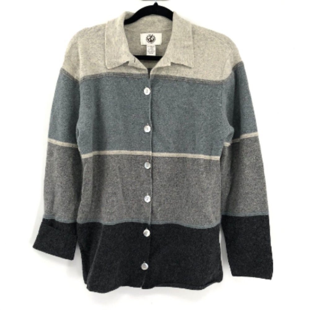 NATURAL INSTINCTS Cardigan Sweater Lambswool Angora Striped Knit Women M Layer